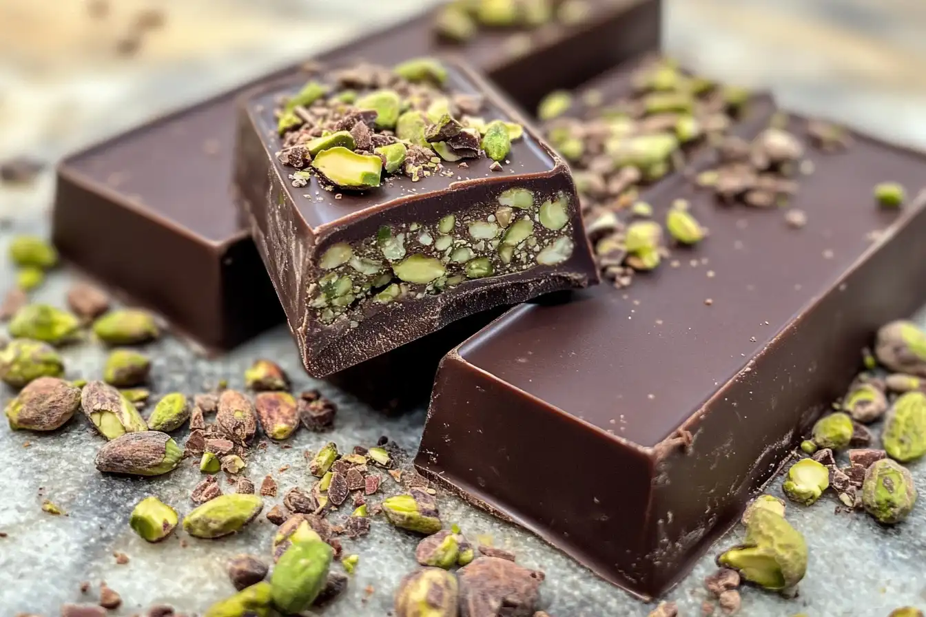 Close-up of a chocolate bar filled with pistachio cream and crushed pistachios, topped with a glossy chocolate shell and garnished with pistachio pieces on a marble surface.