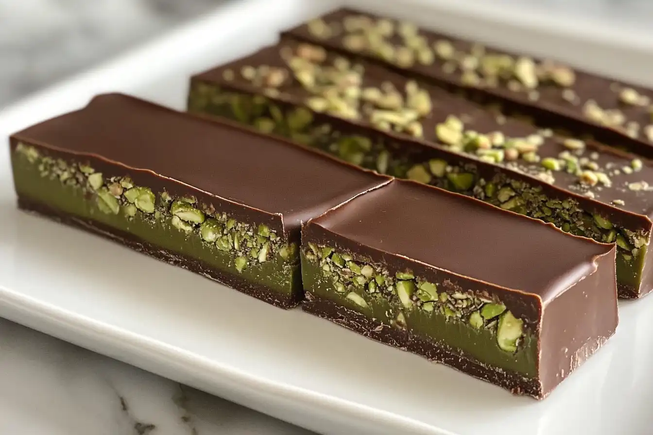 Close-up of chocolate bars filled with creamy pistachio layers and topped with crushed pistachios, displayed on a white plate.