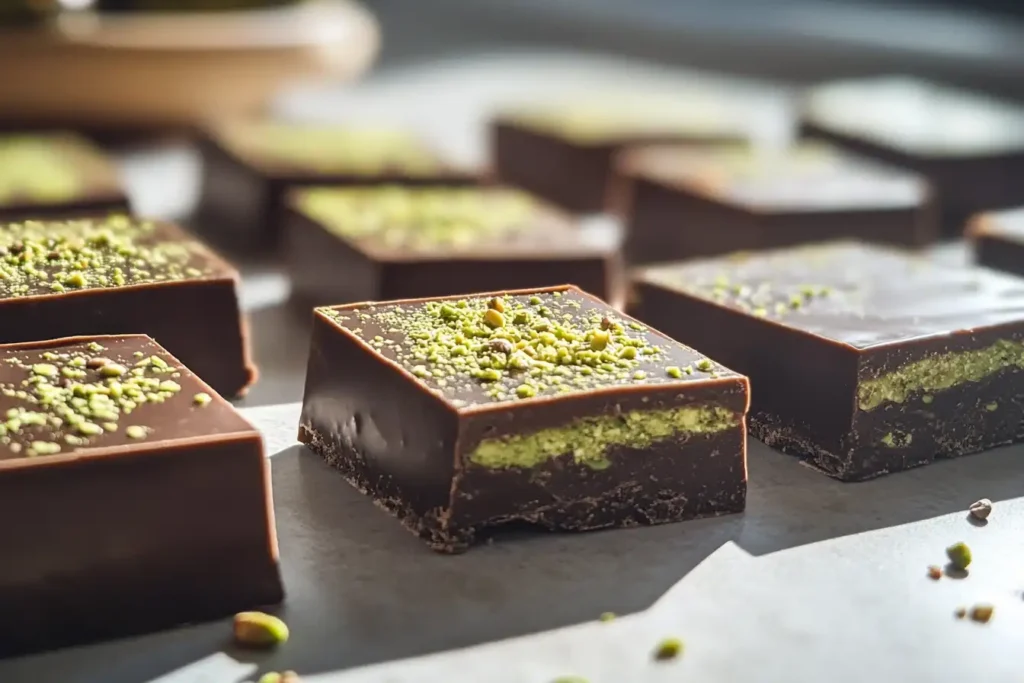 Close-up of square chocolate bars topped with crushed pistachios, revealing vibrant green pistachio cream filling inside.