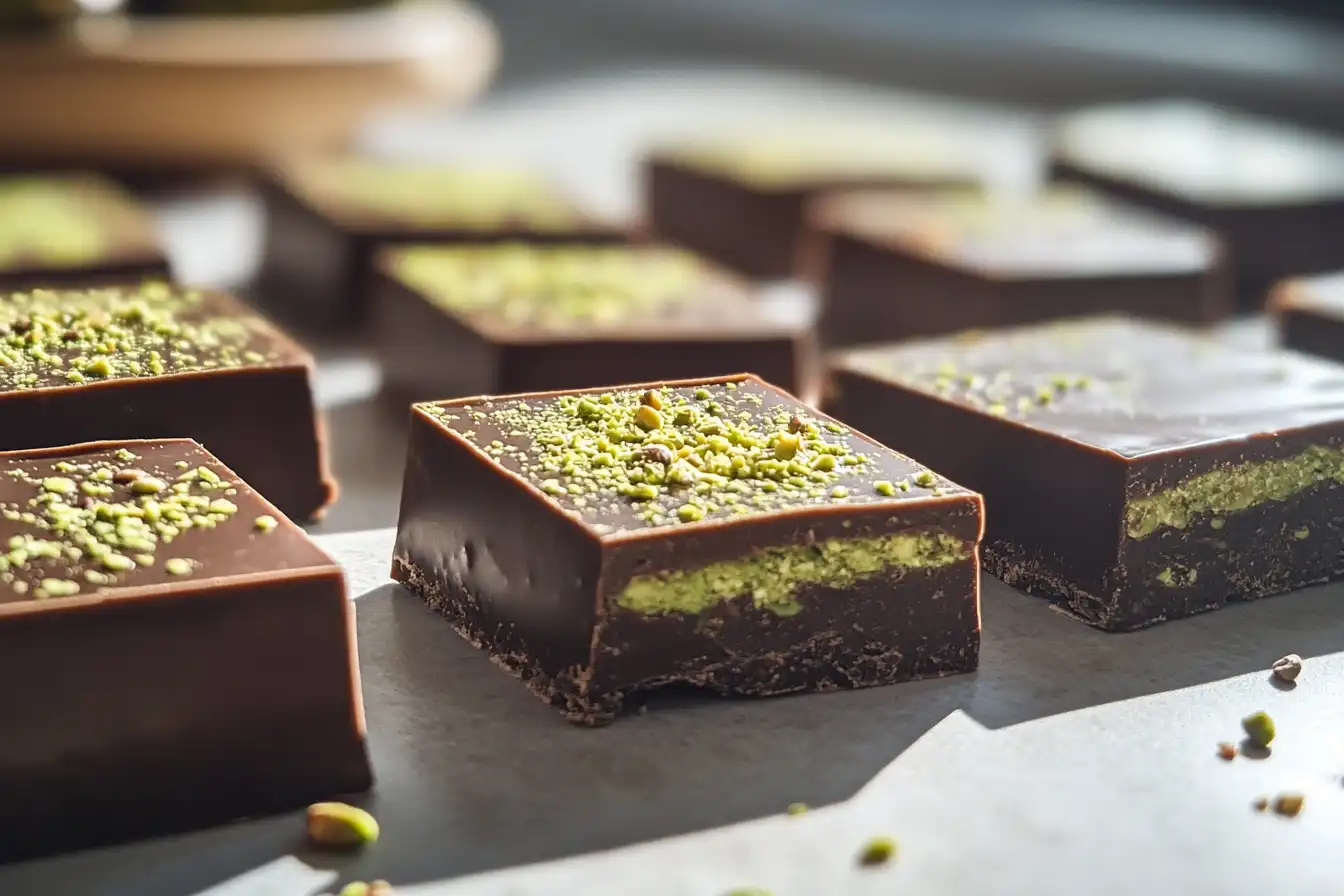 Close-up of square chocolate bars topped with crushed pistachios, revealing vibrant green pistachio cream filling inside.