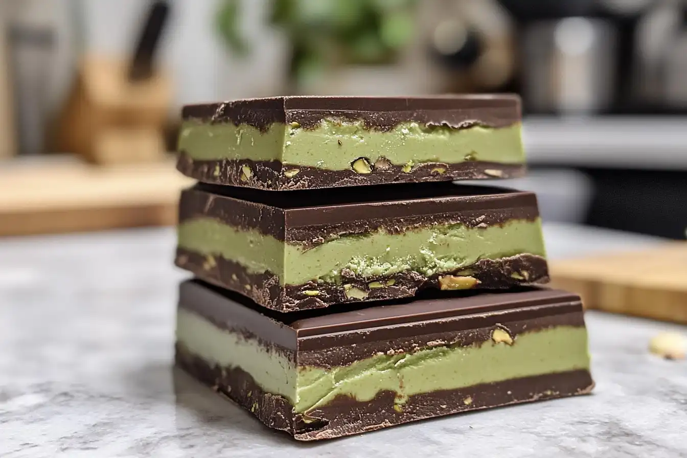 Stacked chocolate bars filled with green pistachio cream and whole pistachio pieces, placed on a marble countertop.