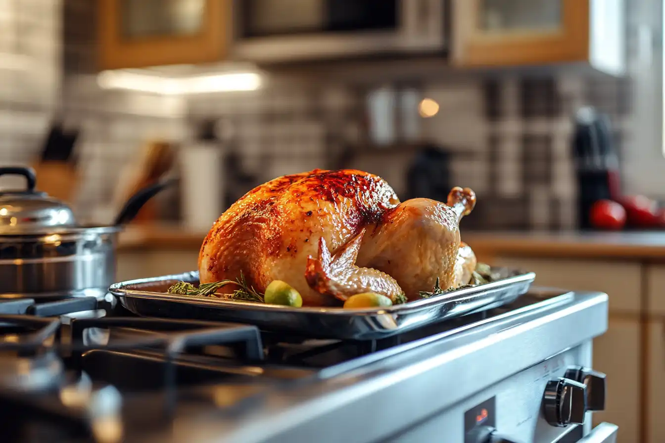 Golden rotisserie chicken with rosemary and vegetables on a baking tray in a modern kitchen, symbolizing a healthy and flavorful meal.