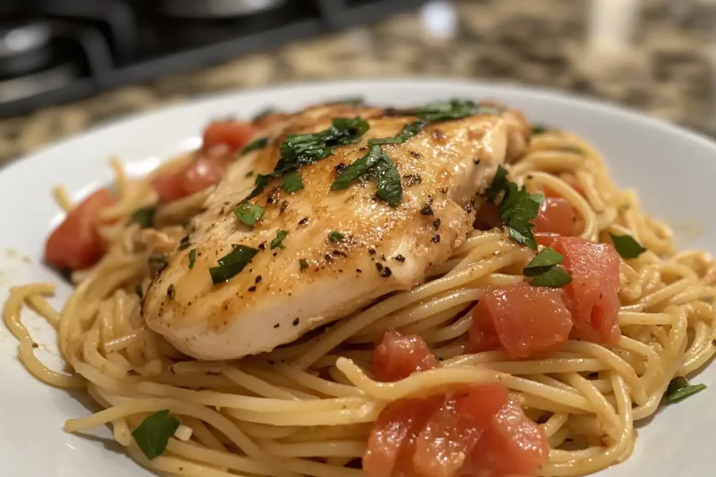 A close-up of a golden seared chicken breast garnished with fresh parsley, served over spaghetti with diced tomatoes on a white plate.