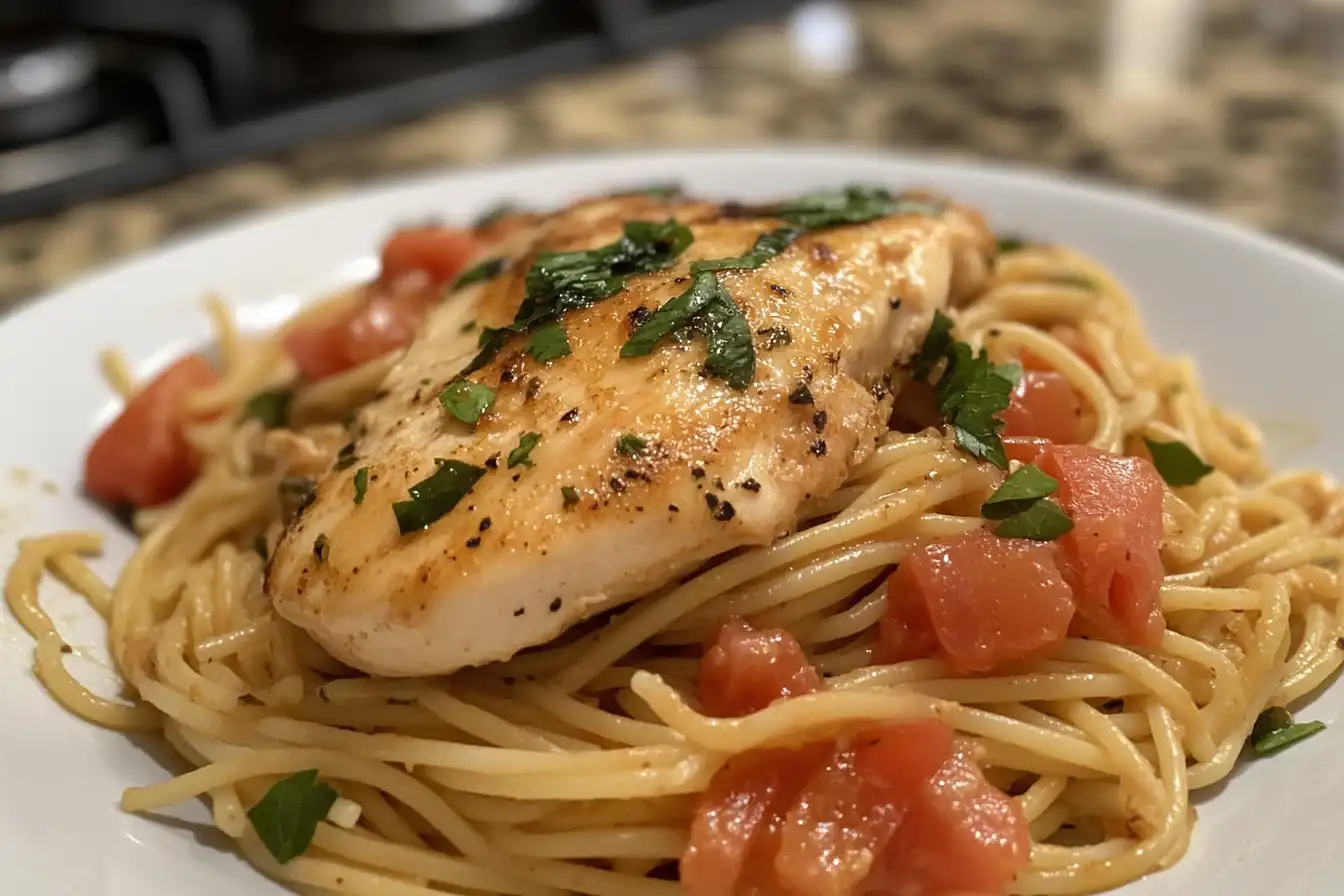 A close-up of a golden seared chicken breast garnished with fresh parsley, served over spaghetti with diced tomatoes on a white plate.