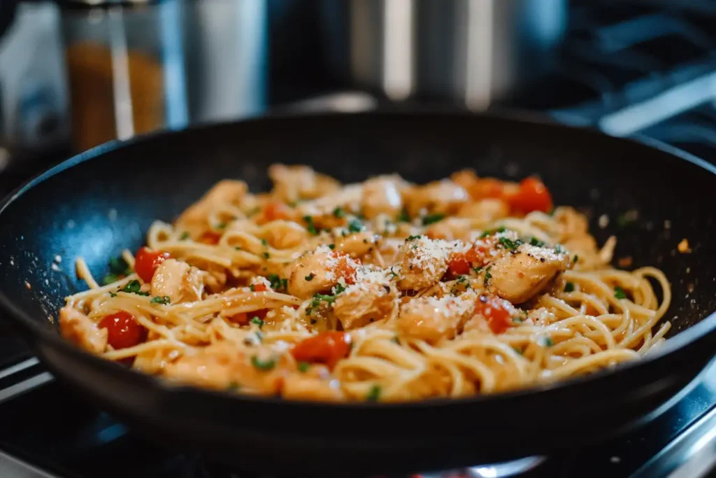 A delicious skillet of Marry Me Chicken Pasta with creamy sauce, sundried tomatoes, tender chicken pieces, and parsley garnish.