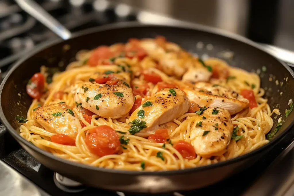Grilled chicken breast served over spaghetti pasta with cherry tomatoes, garnished with fresh parsley, in a black skillet on a stovetop.
