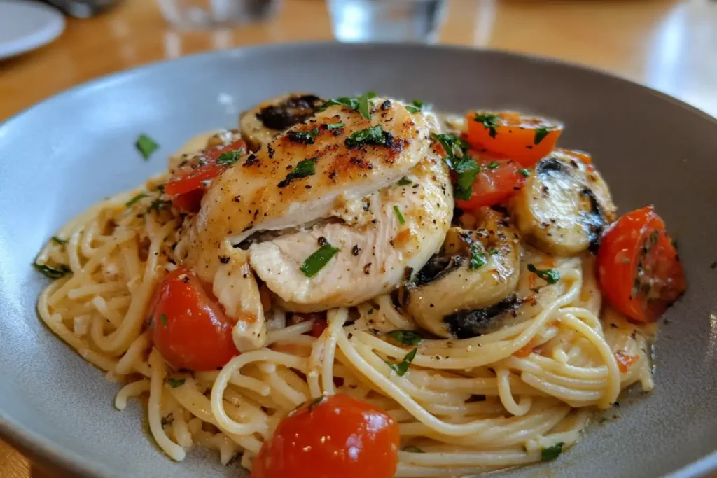 Creamy Marry Me Chicken pasta with seared chicken, cherry tomatoes, and mushrooms.