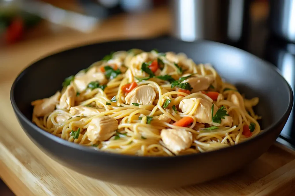 A close-up of a black bowl filled with spaghetti and tender chicken pieces garnished with parsley and vegetables.