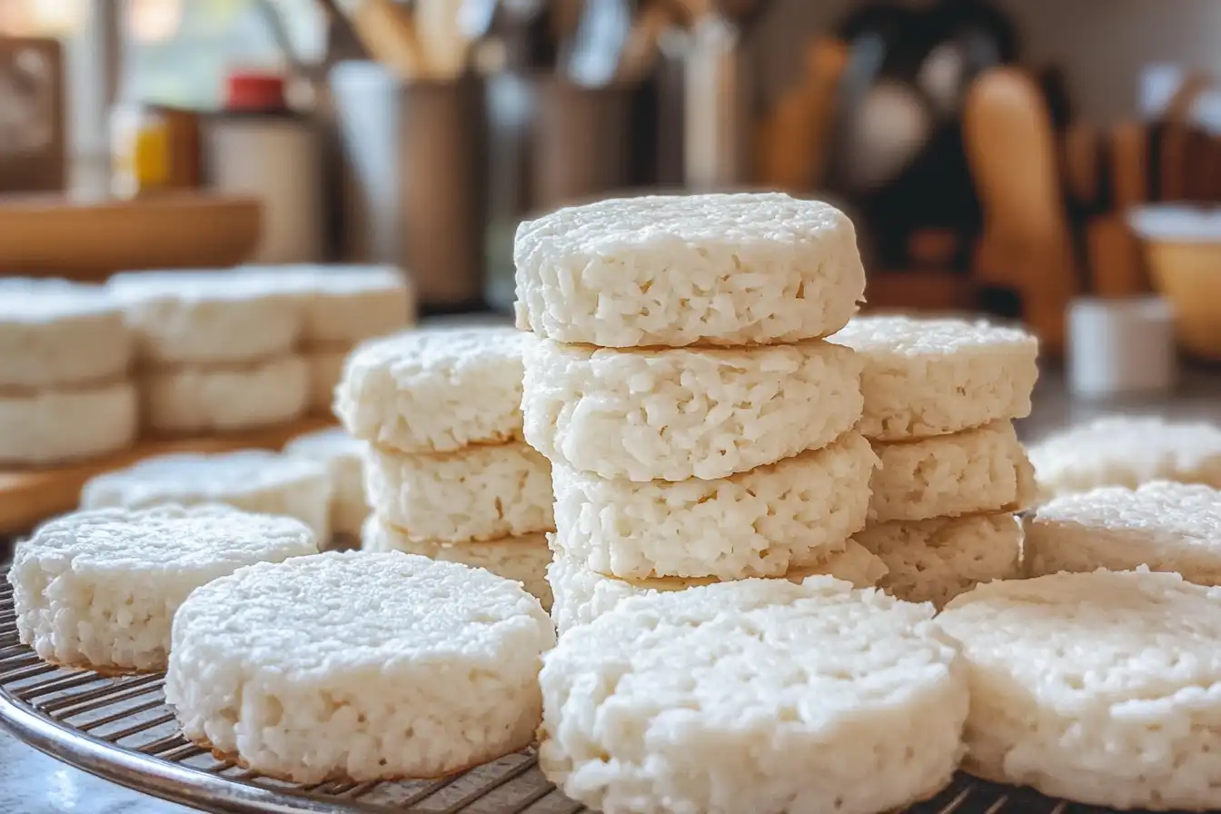 Stacked rice cakes on a cooling rack in a cozy kitchen setting, showcasing their texture and simplicity as a healthy snack option.