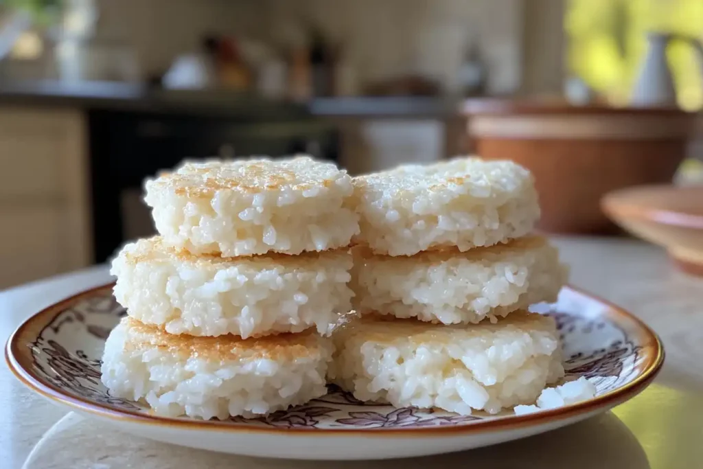 Homemade rice cakes stacked on a decorative plate in a cozy kitchen setting.