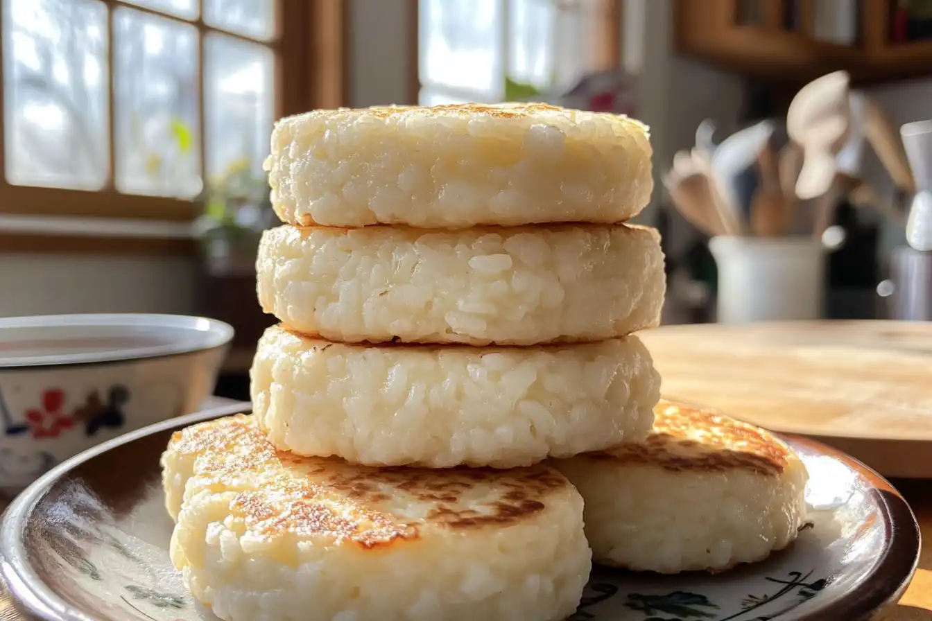 A close-up image of stacked rice cakes on a plate in a cozy kitchen setting, with natural light streaming through the window.