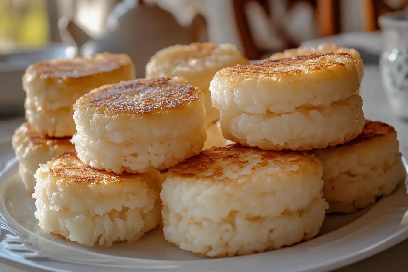 A stack of golden-brown rice cakes with a crispy outer layer, arranged neatly on a white plate, illuminated by soft natural light in a cozy dining setting.