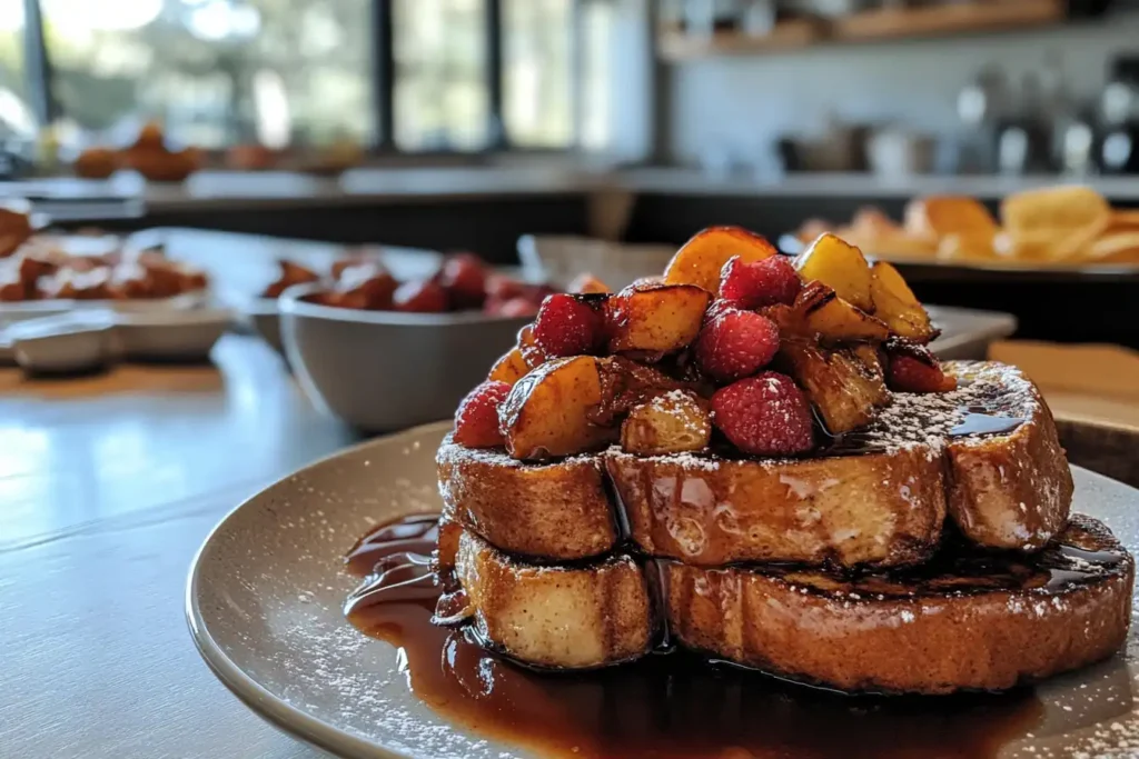 A plate of golden sourdough French toast topped with fresh berries, caramelized apples, and a drizzle of syrup, set on a rustic dining table.
