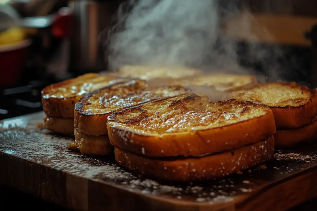 Close-up of freshly toasted sourdough bread slices on a wooden board with steam rising, sprinkled with powdered sugar.