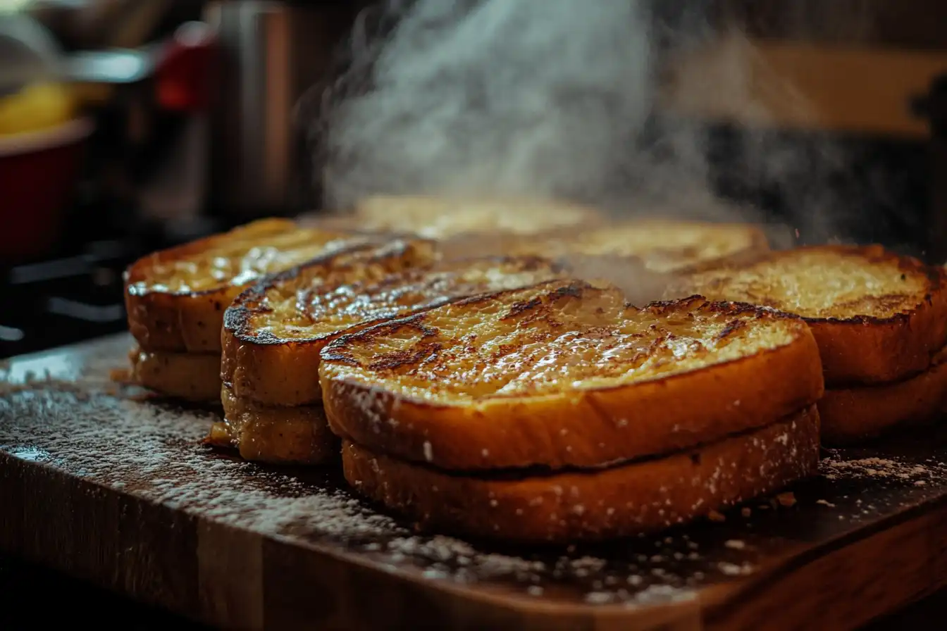 Close-up of freshly toasted sourdough bread slices on a wooden board with steam rising, sprinkled with powdered sugar.