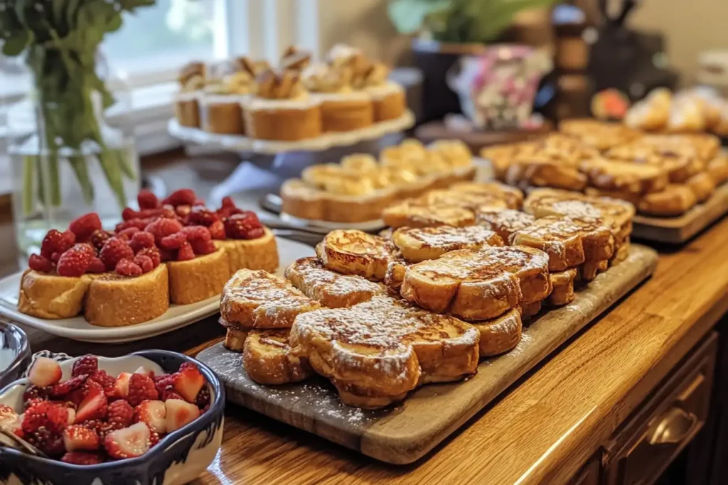 A beautiful spread of sourdough French toast served on wooden boards, topped with powdered sugar, fresh raspberries, and strawberries in a cozy breakfast setting.