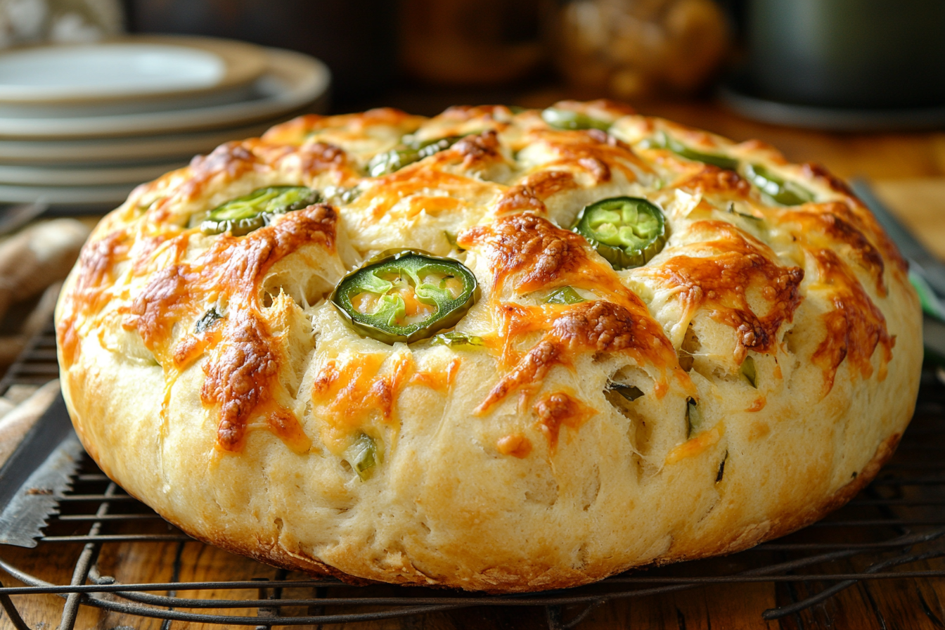 A freshly baked round loaf of vegan jalapeño cheese bread, topped with golden-brown melted cheese and sliced jalapeños on a cooling rack.