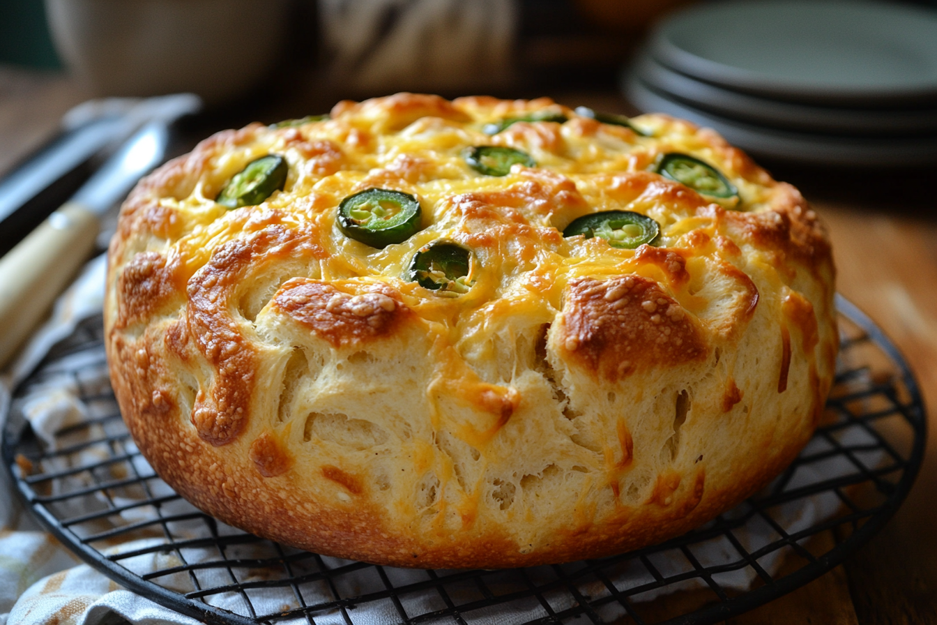 Homemade jalapeño cheddar bread on a cooling rack, featuring a golden crust, melted cheese, and sliced jalapeños.