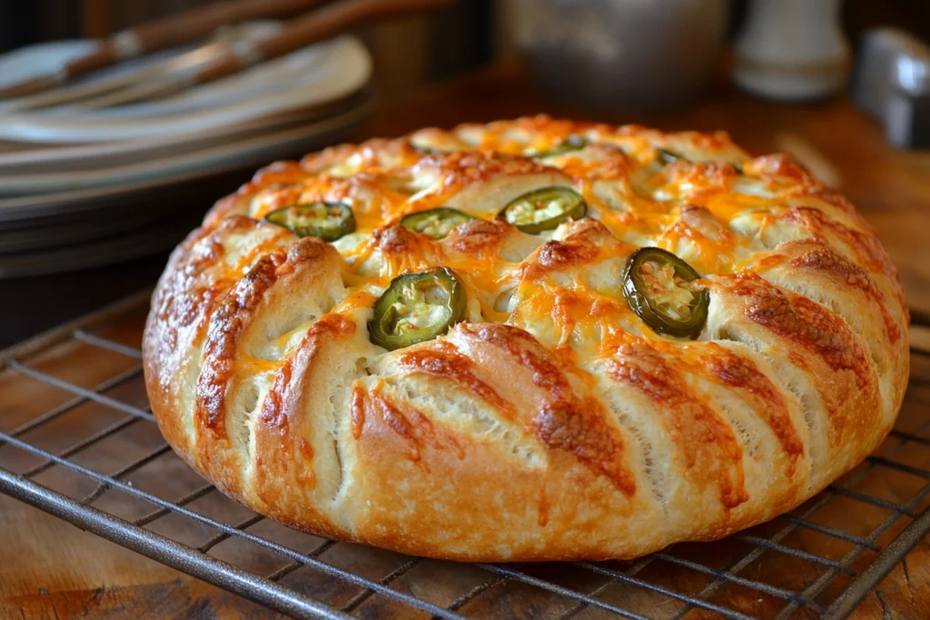 Freshly baked jalapeño cheese bread with golden crust, topped with melted cheddar and sliced jalapeños, cooling on a wire rack.