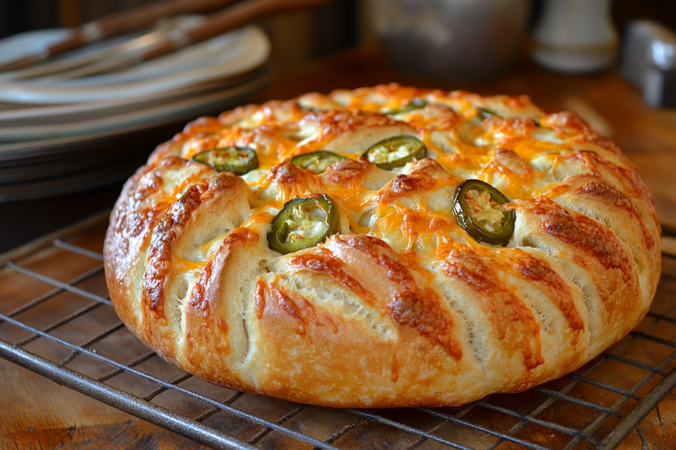 Freshly baked jalapeño cheese bread with golden crust, topped with melted cheddar and sliced jalapeños, cooling on a wire rack.