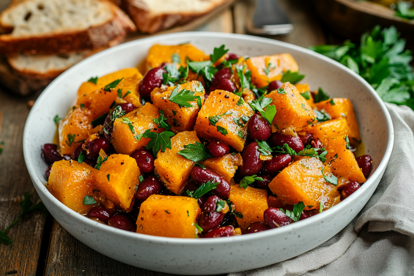 A bowl of squash and kidney beans garnished with fresh parsley, served on a rustic wooden table alongside slices of crusty bread.
