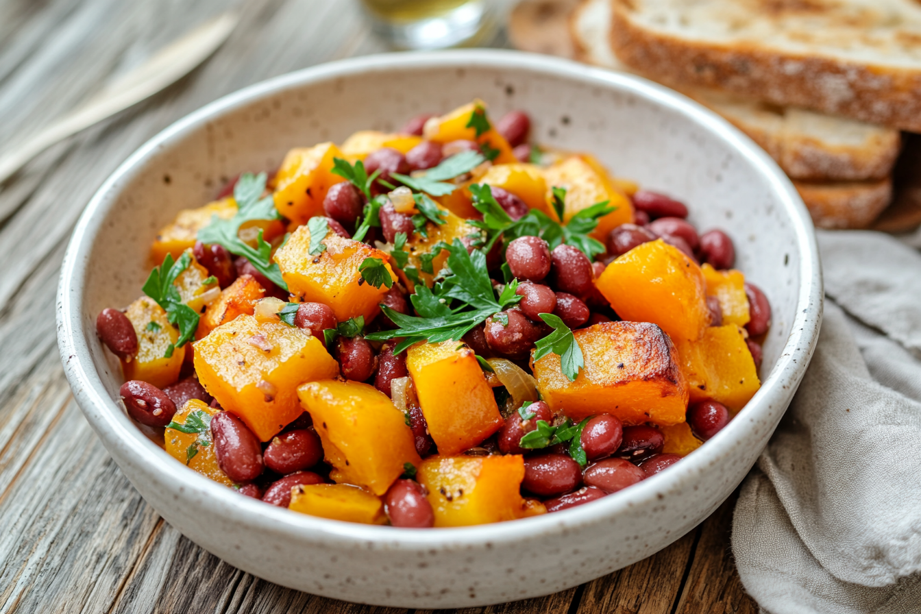 A bowl of roasted butternut squash and kidney bean salad garnished with parsley, served on a rustic wooden table with bread slices in the background.