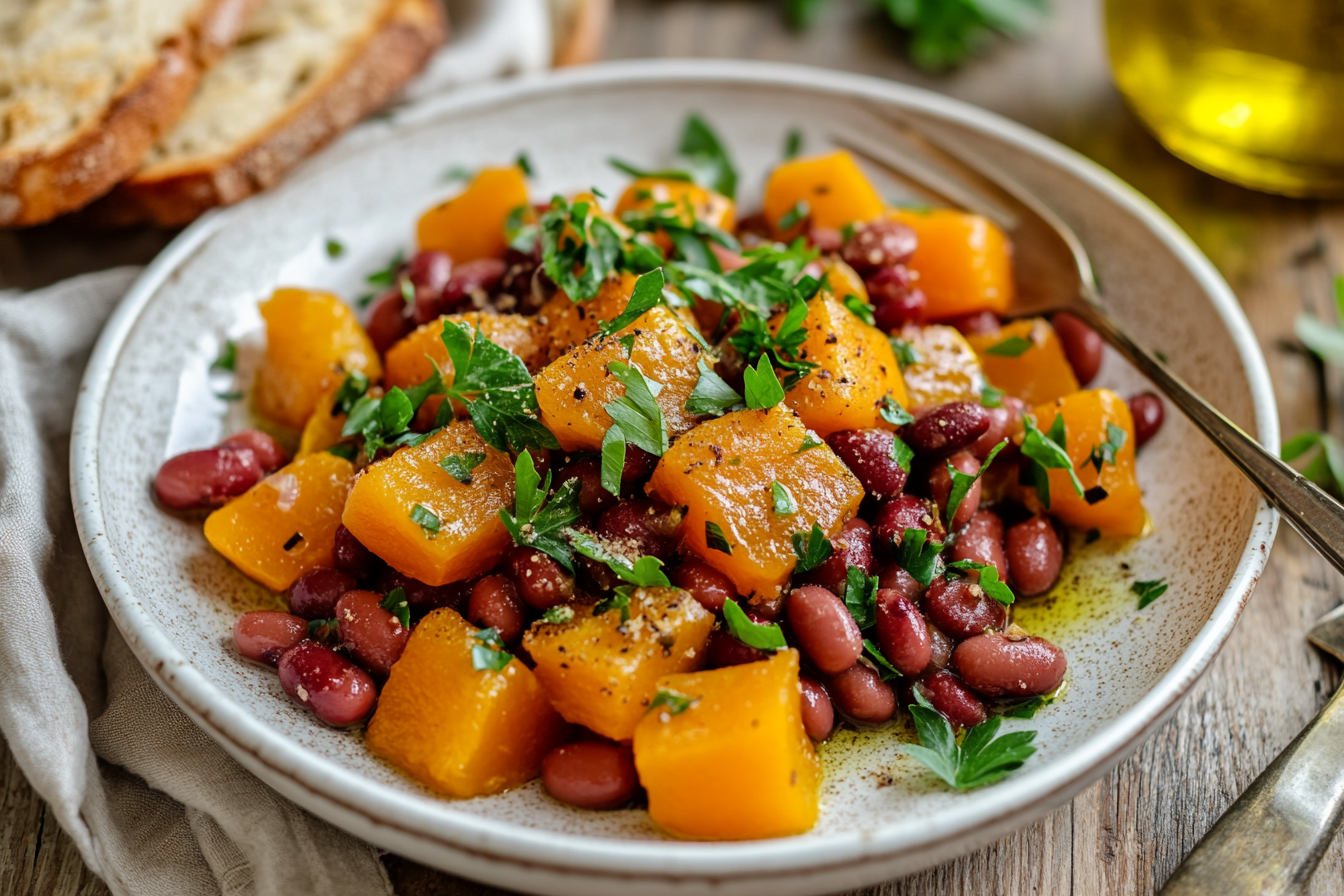 Plate of cooked red kidney beans and roasted butternut squash garnished with fresh parsley, drizzled with olive oil, served on a rustic table.