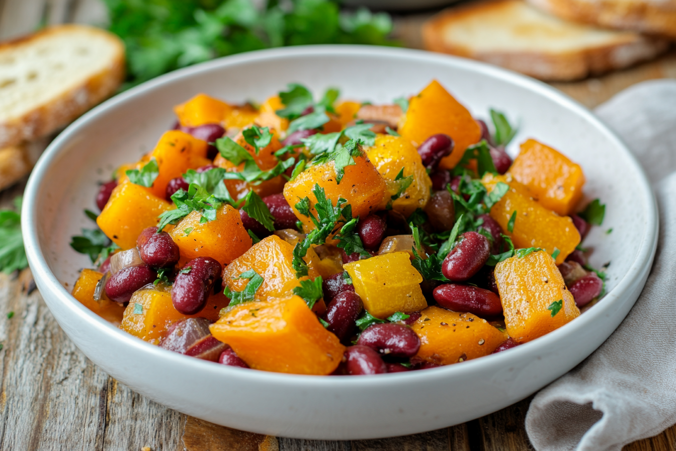 Colorful kidney bean and butternut squash salad garnished with fresh parsley in a white bowl, served with rustic bread in the background.