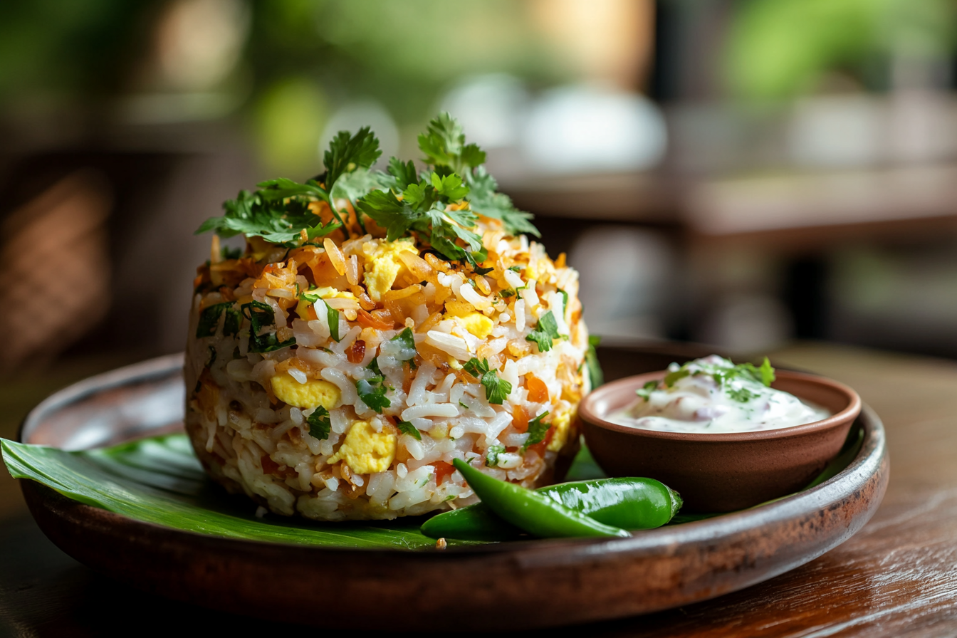 Anjappar-style egg fried rice garnished with fresh coriander, served on a banana leaf with raita in a rustic clay bowl.