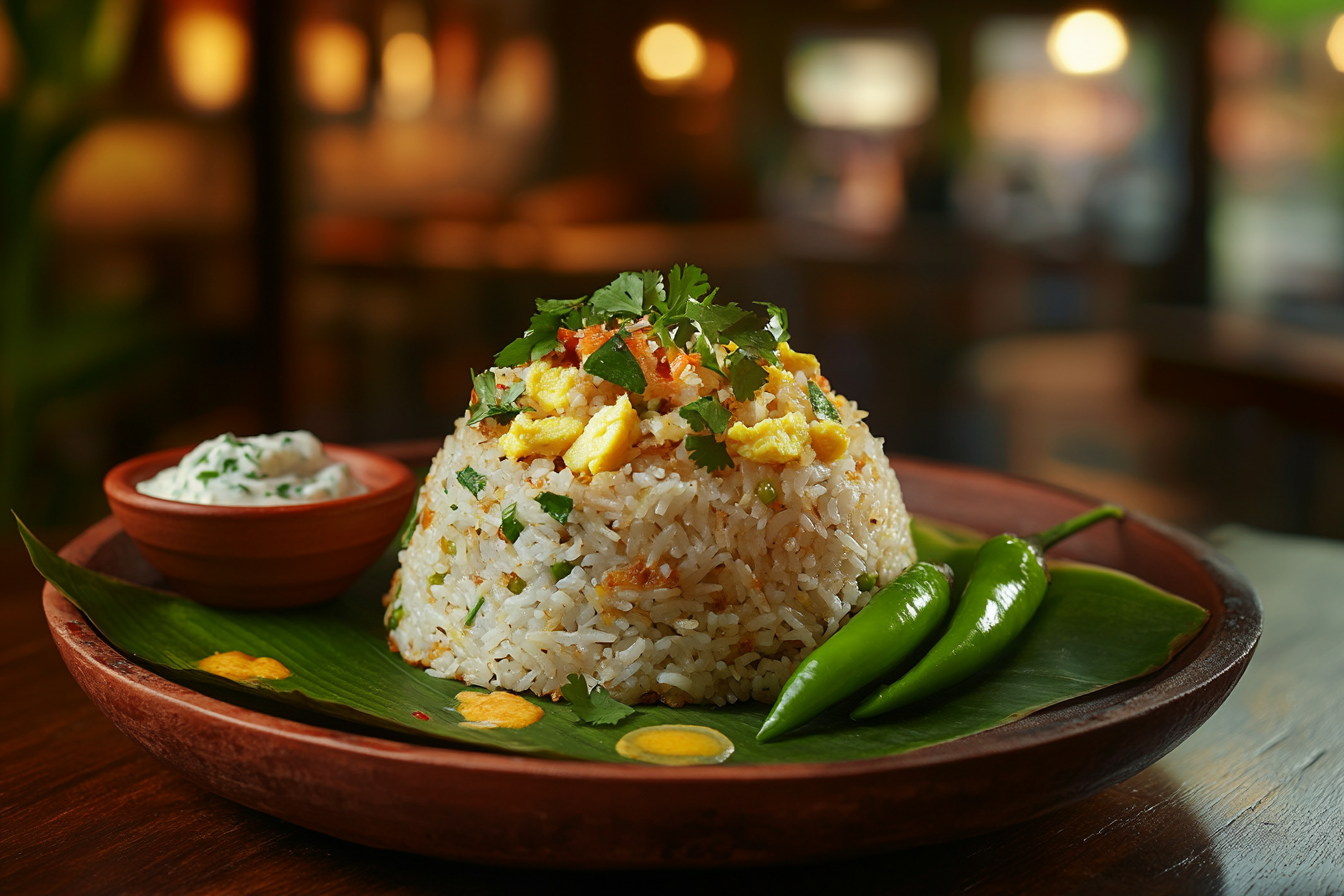 A plate of restaurant-style fried rice garnished with scrambled egg, fresh cilantro, and served with green chilies on a banana leaf, accompanied by a small bowl of yogurt sauce.