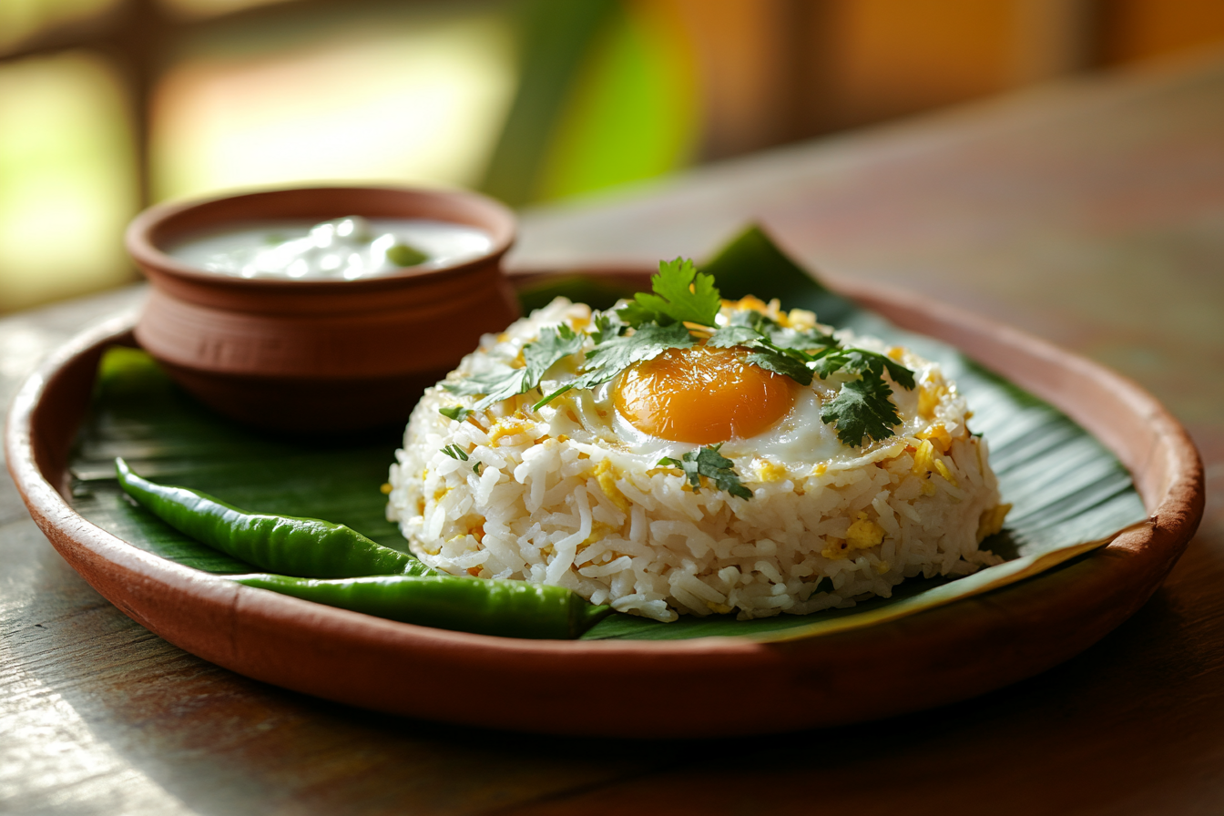 Plate of egg fried rice garnished with fresh cilantro, served on a banana leaf with green chilies and a side of yogurt in an earthen bowl.