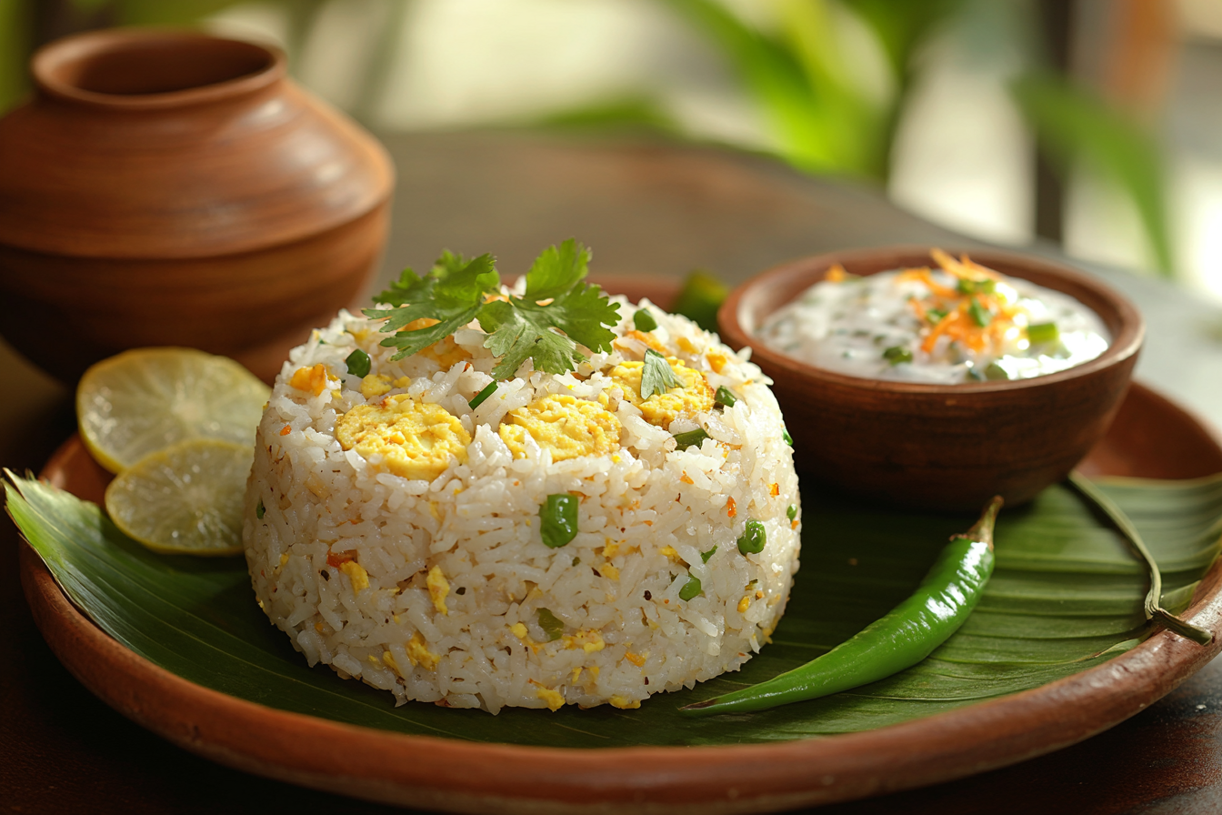 A close-up of a plate of Chinese fried rice garnished with cilantro and served with lime slices and a green chili on a banana leaf, accompanied by a bowl of yogurt-based dip in the background.