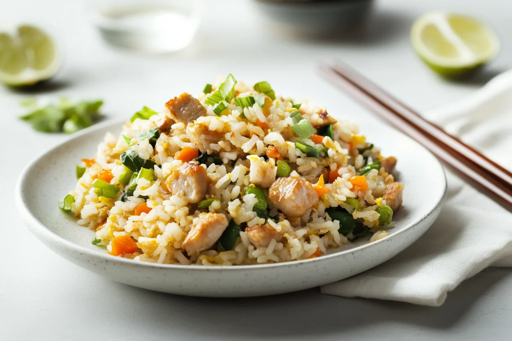 A plate of colorful fried rice with chicken, vegetables, and scallions, served with chopsticks and lime wedges on a white table.