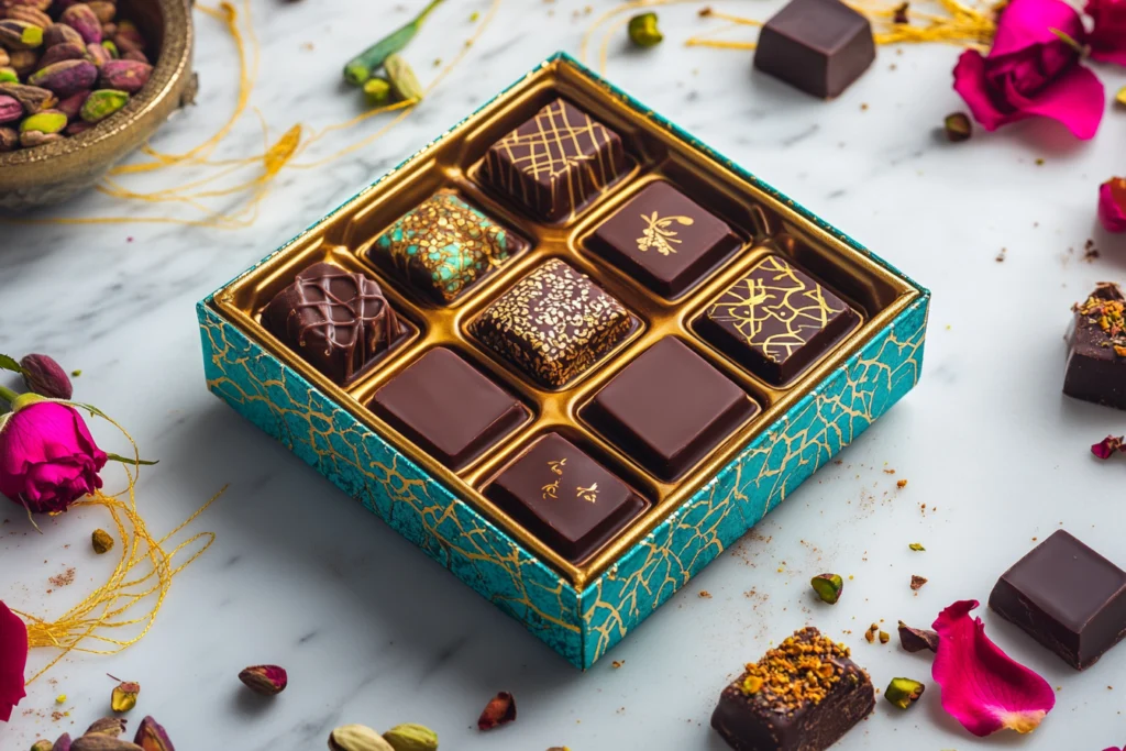 A luxurious box of Dubai chocolates adorned with golden patterns, featuring Middle Eastern flavors like saffron, pistachios, and rose essence, placed on a marble countertop.