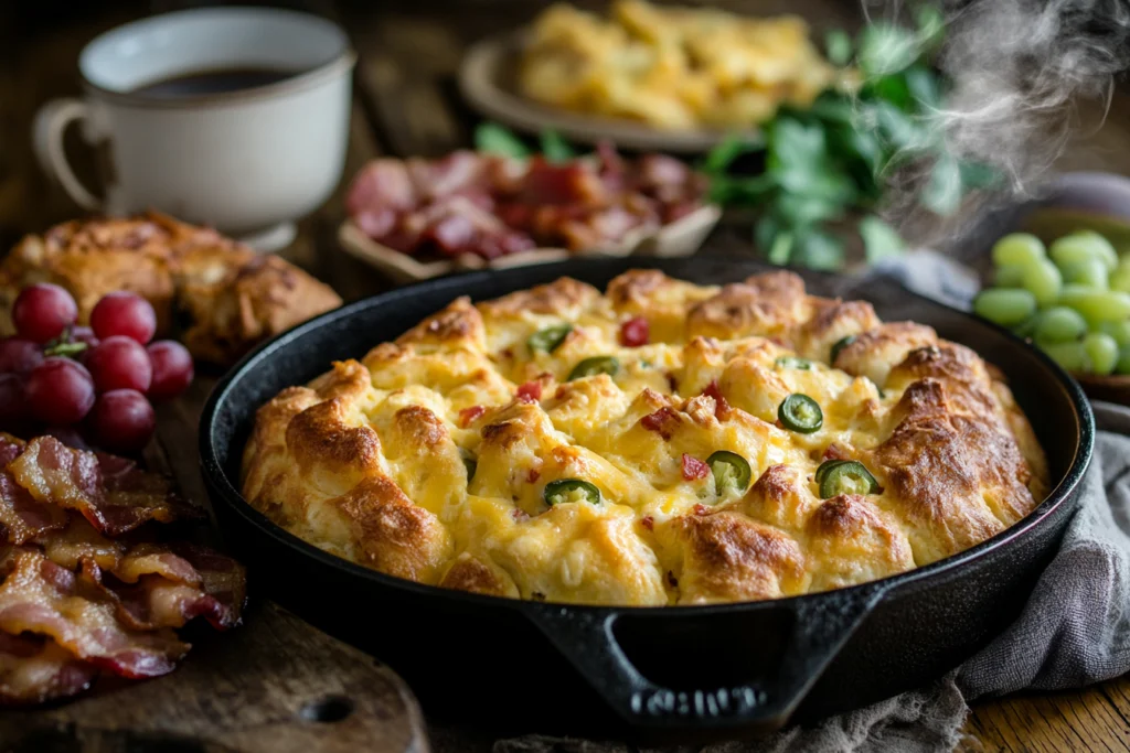 Cheesy jalapeño pull-apart bread in a cast iron skillet served with grapes and coffee, perfect for breakfast or brunch.