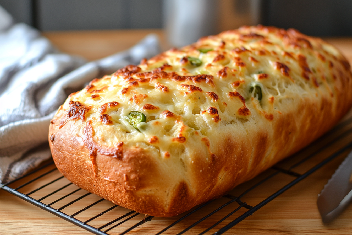 A freshly baked loaf of jalapeño cheese bread with a golden crust, melted cheese, and visible slices of jalapeños resting on a cooling rack.