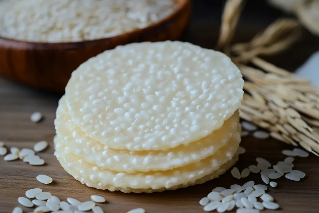 Stack of round rice crackers on a wooden surface surrounded by uncooked rice grains and rice stalks in the background.