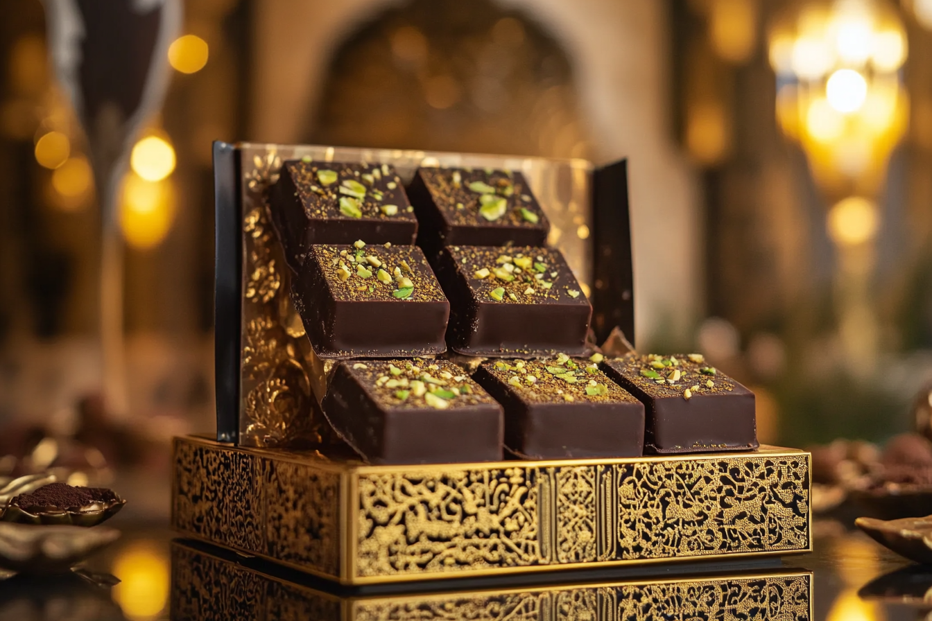 Luxurious Dubai chocolate squares topped with pistachio pieces, displayed in ornate gold packaging against a lavish Middle Eastern backdrop.