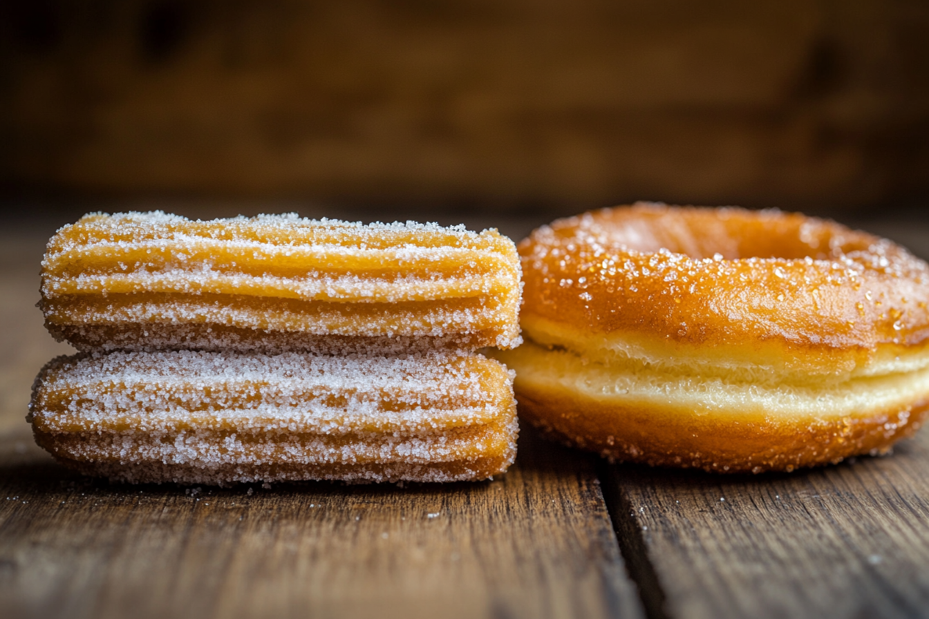 A close-up shot of two crispy churros coated in sugar next to a soft, golden donut, placed on a rustic wooden table.