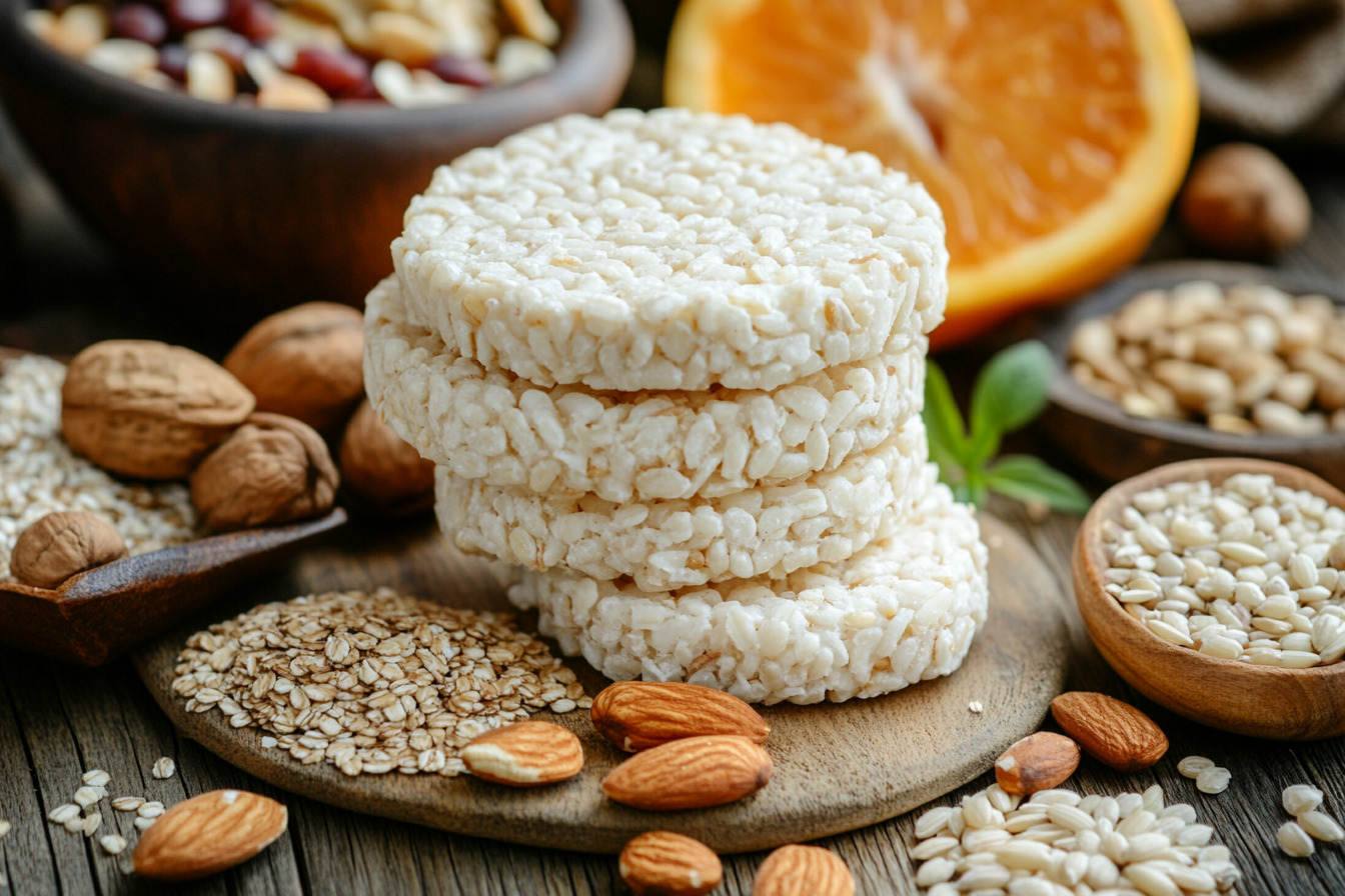 A stack of plain rice cakes on a wooden table surrounded by almonds, walnuts, sesame seeds, and an orange slice, highlighting healthy snack options.