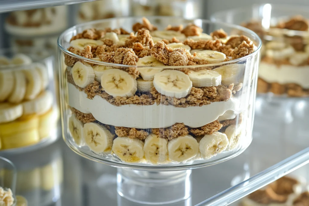 A trifle glass filled with layered banana pudding, featuring creamy vanilla pudding, fresh banana slices, and crumbled cookies, placed on a refrigerator shelf for proper storage.