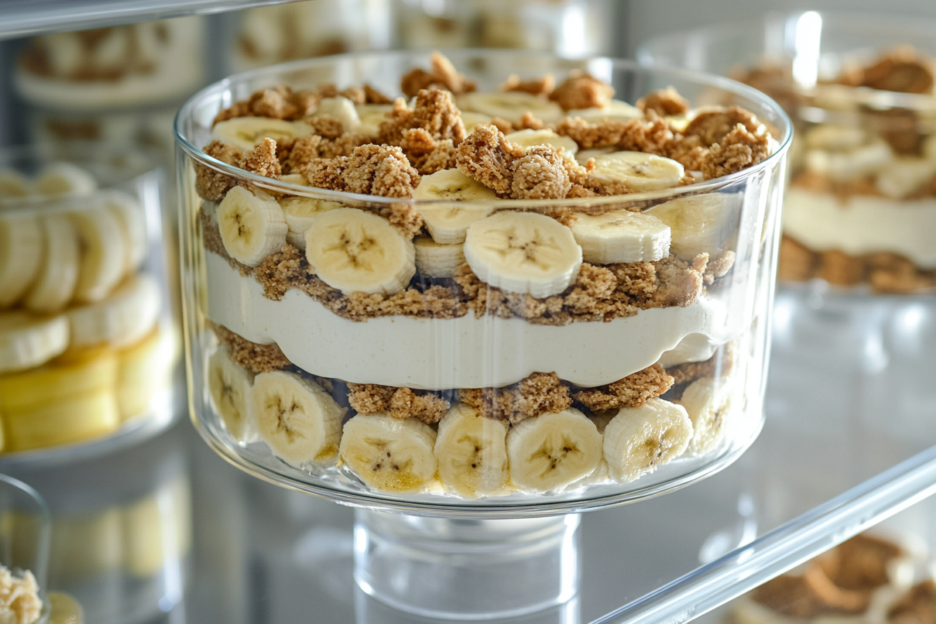 A trifle glass filled with layered banana pudding, featuring creamy vanilla pudding, fresh banana slices, and crumbled cookies, placed on a refrigerator shelf for proper storage.