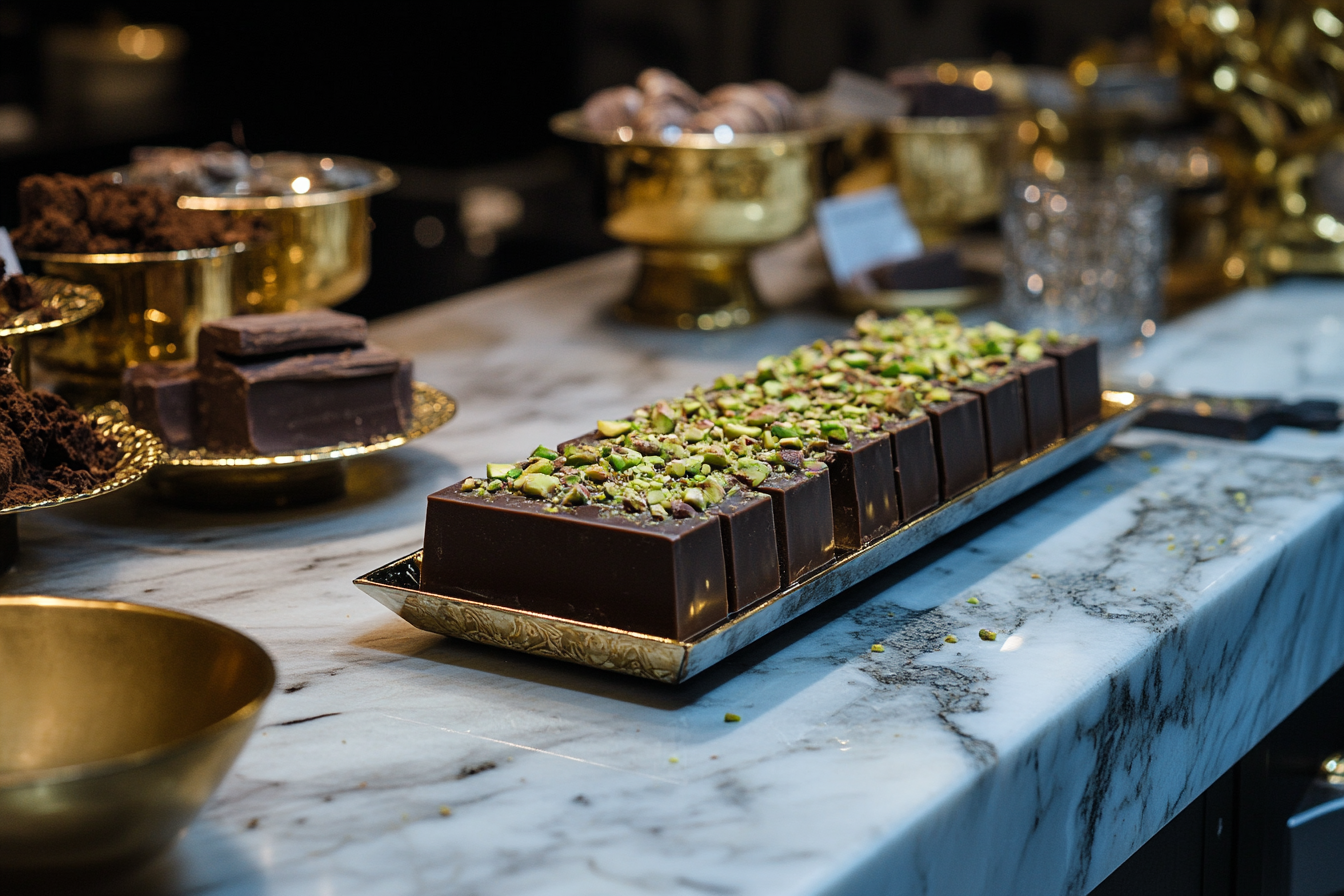 A luxurious chocolate bar topped with pistachio pieces, elegantly displayed on a marble countertop surrounded by golden serving bowls.