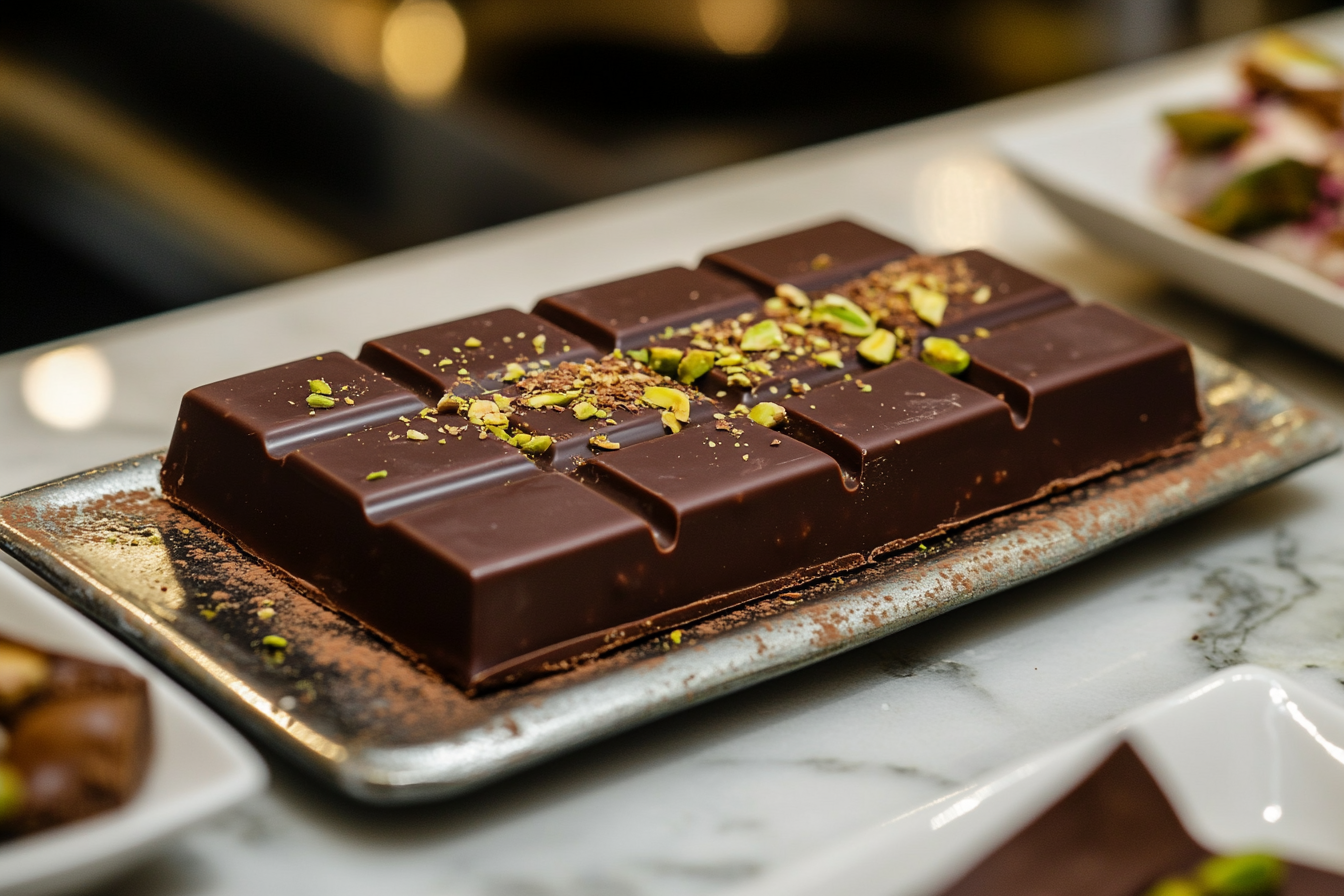 A luxurious chocolate bar topped with crushed pistachios, reflecting Middle Eastern flavors and Dubai's artisanal chocolate craftsmanship.