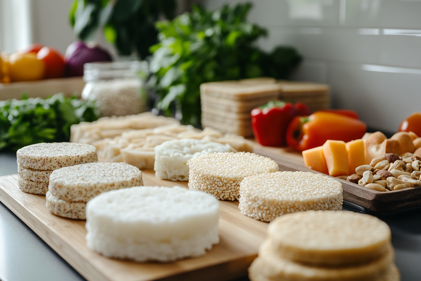 An assortment of rice cakes displayed on wooden trays, including plain and sesame varieties, surrounded by fresh vegetables, nuts, and cheese in a well-lit kitchen setting.