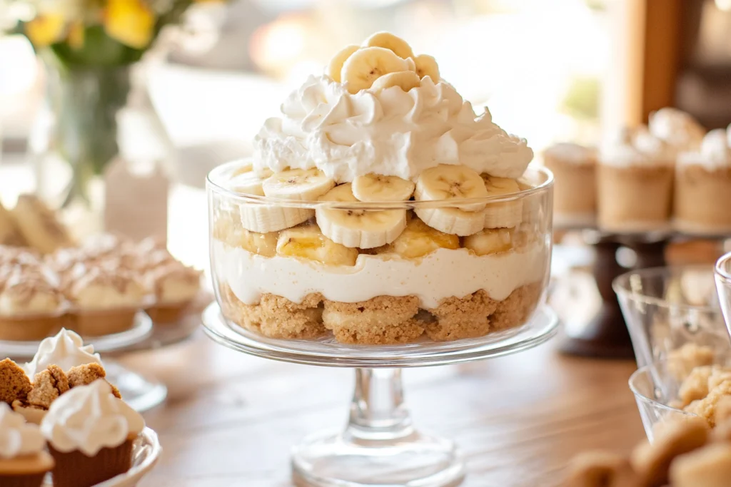 Magnolia Bakery's signature banana pudding in a glass bowl with whipped cream and fresh banana slices, displayed on a dessert table.