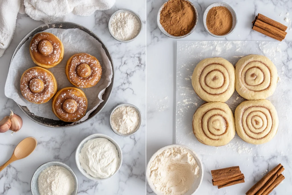 A side-by-side comparison of doughnut dough and cinnamon roll dough with ingredients like flour, sugar, and cinnamon placed around them.