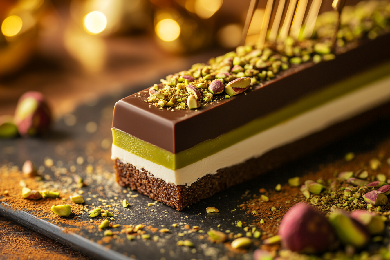 A luxurious chocolate bar layered with pistachio cream, white filling, and a rich chocolate topping, garnished with crushed pistachios, on a black slate.