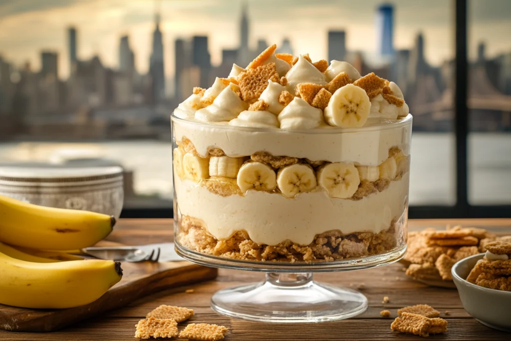 Layered banana pudding dessert in a glass bowl with fresh bananas, vanilla wafers, and whipped cream, set against a backdrop of the New York City skyline.