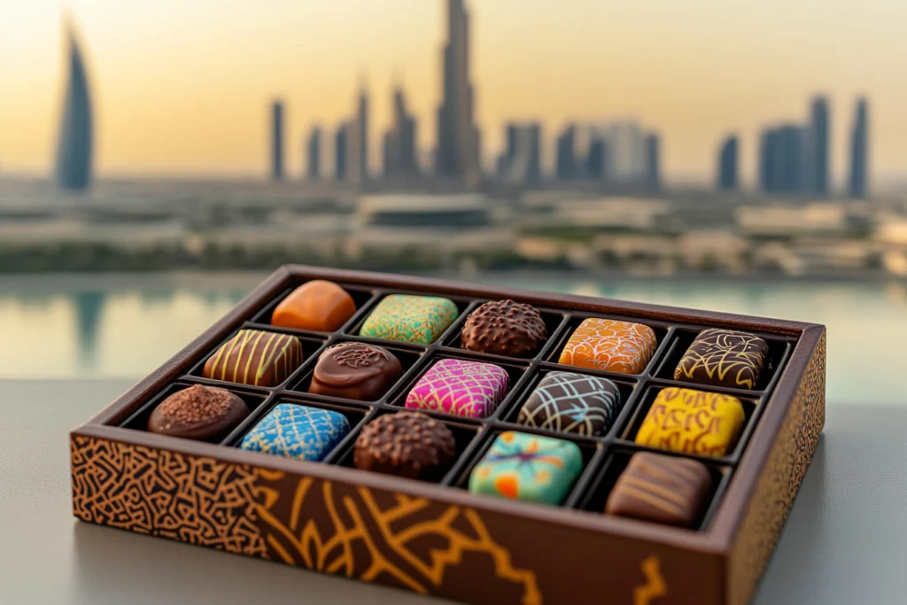 A luxury chocolate box with vibrant patterns and Middle Eastern designs, set against the Dubai skyline at sunset.